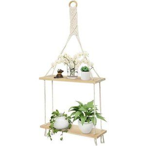 Macrame Hanging Shelves Wall Floating Shelf Natural Wood Chic Boho Decor 2 Tiers